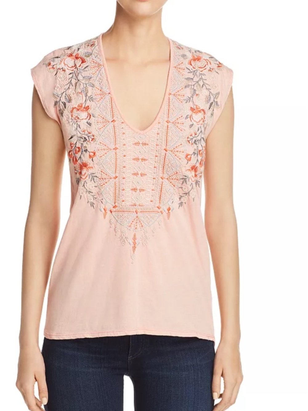 Johnny Was Women's Orange Peach Calida Embroidered Cap-Sleeve Top Floral Size XL